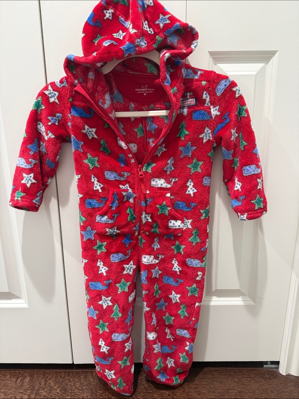Vineyard Vines Red Holiday Whale & Star Hooded Fleece One-Piece